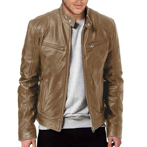 Slim Fit Casual Leather Motorcycle Jacket for Men - Stylish Autumn PU Coat with Lapel and Anti-Wind Features, Perfect for Everyday Wear